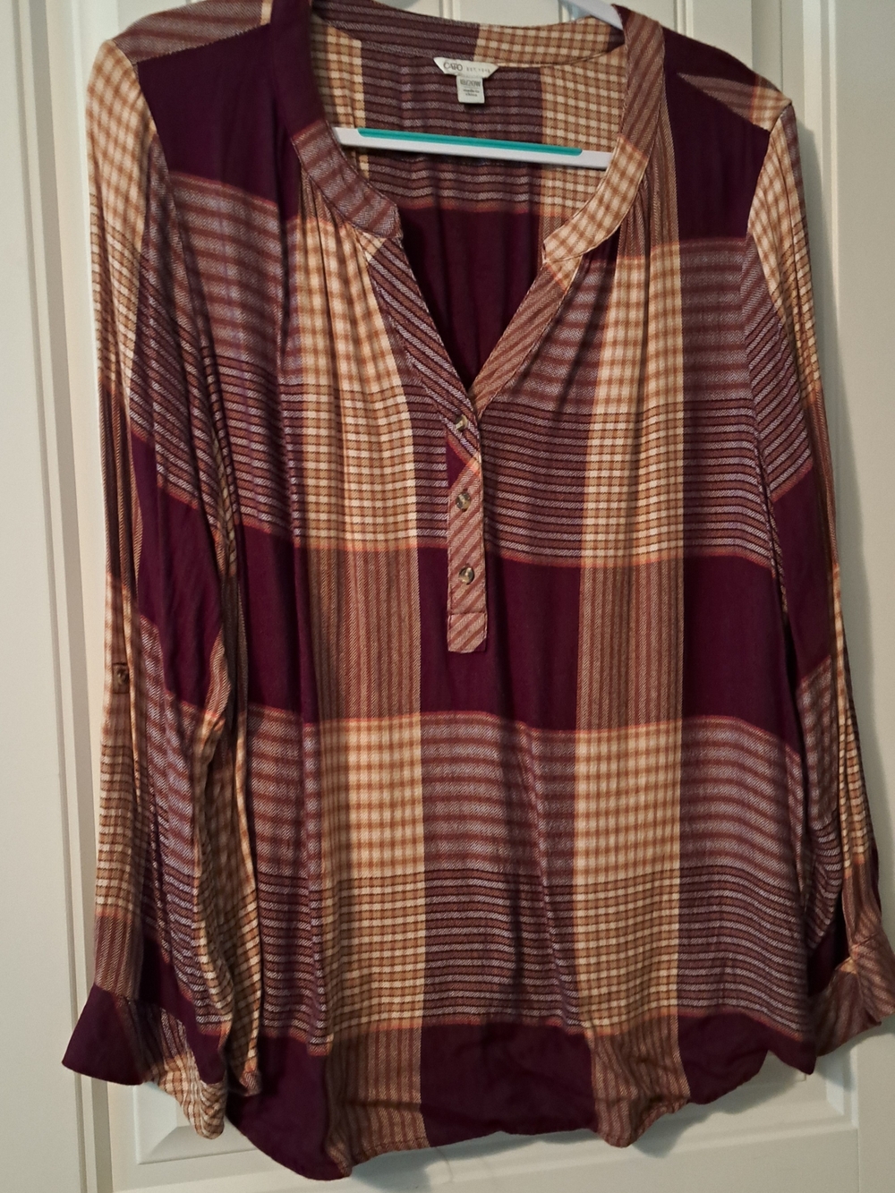 Cato Burgundy and Tan Plaid Button-Front Tunic
